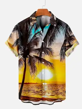 גברים הוואי עץ קוקוס דפוס חולצות קיץ חוף השקיעה החולצה של הגברים מזדמן קצר שרוול החולצה המדהימה 3D מודפסים חולצה