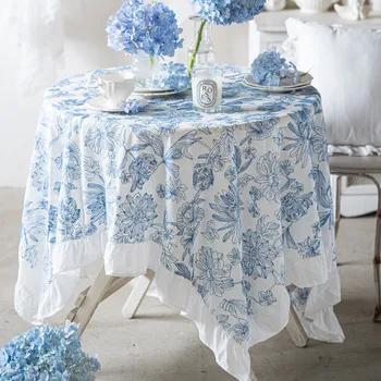 רקמה כותנה כחול-לבן מפת שולחן עמיד למים Oilproof קפה בד השולחן עם חצאית כיכר תה השולחן כיסוי מגן