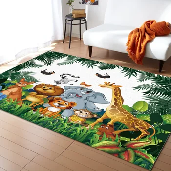 ג 'ונגל טרופי קריקטורה בעלי חיים, ג' ירפה, אריה פיל שטיח שטיח הסלון ילדים חדר שינה שטיח הרצפה, החלון ליד המיטה עיצוב הבית