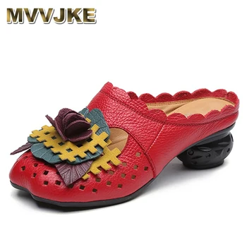 MVVJKE כיכר עקבים נשים סנדלי אופנה חדש עור אמיתי קיץ נעלי פרח נעלי אישה משאבות נעלי פרדות