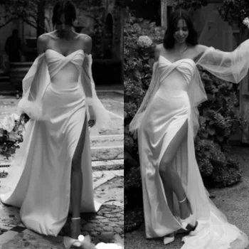 2023 אלגנטי פשוט סקסית את הכתף פנס שרוול לפני פיצול חוף שמלת החתונה vestidos דה נוביה נישואין השמלה