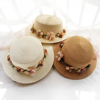 חדש הורה-ילד הקיץ דלי כובע נשים מתקפל כובע השמש פרחים שטוח העליון כובעי קש חיצונית חוף, כובעי פנמה כובעי UV400