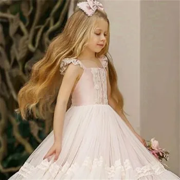 מקסים טול תחרה הדפסה שרוולים הנסיכה פרח ילדה שמלות מסיבת חתונה הכדור הראשון שמלות קודש מתנת יום-הולדת.
