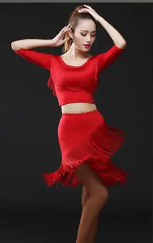 מוצק אדום/שחור הלטינית מקסימום & חצאיות שוליים ציצית תחרות לטינית שמלות ג ' וניור סלסה/טנגו רוקדים בגדים בנות Dancewear