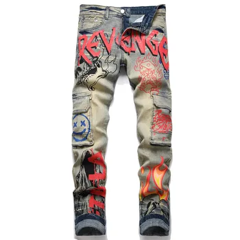 פאנק רטרו כחול Multi-כיס הג ' ינס דק למתוח קרע אופנה מודפס מכנסיים גברים של אופנוע בגדים