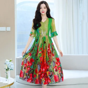 2023V-צוואר מודפס שמלת השיפון תחוב המותניים חוף חצאית אלגנטית זורם גדול חצאית נשים אופנה שמלה קוריאנית שמלות אלגנטיות