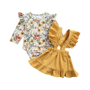 2Pcs סתיו התינוק בגדים לתינוק נערת אופנה כותנה פרחוני רומפר+Suspender שמלת תלבושות החליפה פעוטה בגדים להגדיר