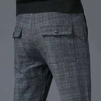 סתיו חורף עסקים מזדמנים מכנסיים גברים של צמר משובץ בסגנון בריטי מכנסיים זכר למתוח רזה ישר מכנסיים גברים סגנון קוריאני