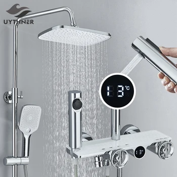 אמבטיה Thermostatic תצוגה דיגיטלית מקלחת ברז סט 4-דרך מערבל מקלחת ובידה הקש על עבור חדר האמבטיה ברזי מערכת