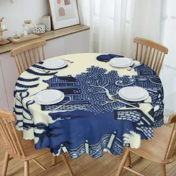סיבוב המפה המפה 60 אינץ מטבח, פינת אוכל שולחן בד עמיד למים דלפט כחול Chinoiserie פגודה השולחן מכסה