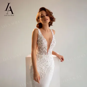 LelaAcra שרוולים שמלת החתונה 2022 חרוזים רקמה V-צוואר בתולת ים בתוספת גודל נסיכה שמלות כלה RY43 Vestido de Noiva