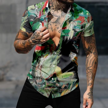 גברים אופנה הוואי סגנון ציור שמן דפוס חולצה הדפסת 3D נוח יומיומי שרוול קצר החוף הענקית בגדים