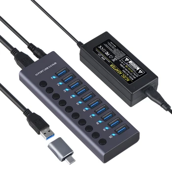 985A 10-יציאת USB 3.0 Hub USB מפצל Hub USB תחנת עגינה ל-300MB/S גבוה הילוכים עם מתגים בודדים 12V 5A