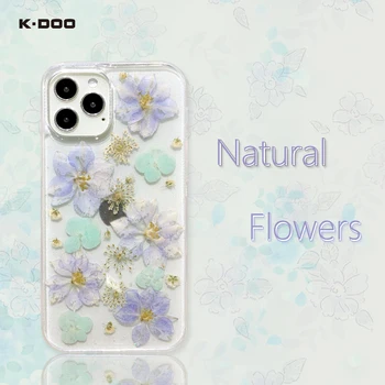 K-דו פרחים טבעיים, פרחים מיובשים זוהר נייד ברור במקרה אמיתי בלינג טלפון הכיסוי האחורי על iPhone12/12pro/12mini/12promax