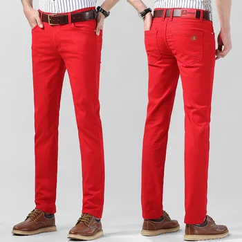 קלאסיקה אופנת גברים מגמה מותג ג 'ינס עסקי גבוה מותן נמתח ישר אגם כחול ג' ינס מכנסיים זכר צהוב אדום מזדמנים מכנסיים
