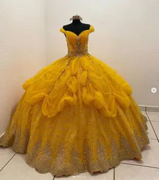 יוקרה זהב נפוח הנסיכה הטקס שמלות 2023 Gillter אפליקציה חרוזים תחרה למעלה המחוך מחוץ כתף Cosplay שמלת נשף