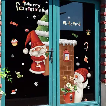 עמיד חג המולד סנטה קלאוס, איש שלג עץ זכוכית מדבקות חג המולד זכוכית מדבקה Traceless עיצוב הבית