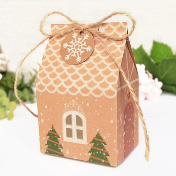 5pcs חג שמח קופסת מתנה קראפט נייר ממתקים בקופסא עם נייר תג הבית צורה חג המולד נייר שקית קוקי, עוגיות מתנה קופסאות אריזה