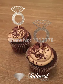 טבעות יהלום טבעת אירוסין טבעת כסף נצנצים Toppers עוגה קיסמים חתונה כלה אירוסין מסיבת יום הולדת
