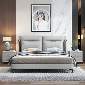 איטלקי עור יוקרתי, מיטה 1.8 מ 'דלוקס עם מיטה זוגית חדר השינה high-end המיטה אחסון מודרני פשוטה 1.5 מ' רכה במיטה.