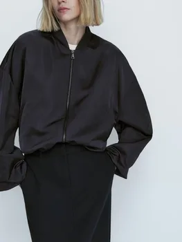 נשים 2023 אופנה חדשה קצוץ מזדמן מעיל מעיל וינטג ' פלאפי השרוול רוכסן כיסי צד נשי הלבשה עליונה שיק Overshirt