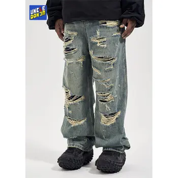 גברים לובשים רחוב רחב ג 'ינס רגל היפ הופ y2k ג' ינס Mens אופנת רחוב ישר שטף רטרו מנופחים מזדמנים מכנסיים ג ' ינס