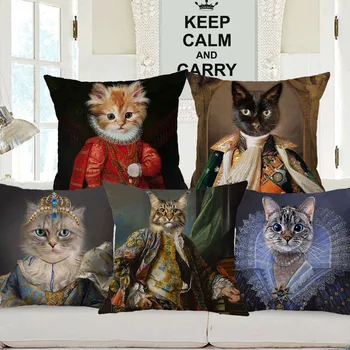 אירופה רויאל המלכה חתול דיוקן חיות יד ציור כרית כיסויי כריות נוי על הספה