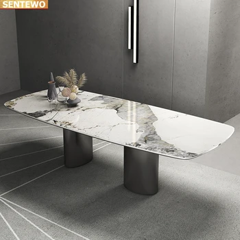 יוקרה סלע השיש לוח שולחן האוכל סט 4 כסאות מסה דה בג comedor tavolo pranzo רהיטים meuble marbre פחמן פלדה בסיס