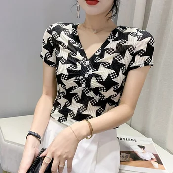 חדש רשת חולצת נשים V-neck כפתורים סקסי, רזה חולצה נשית רזה קוריאני סגנון שרוול קצר חולצת קיץ אופנת רחוב טי