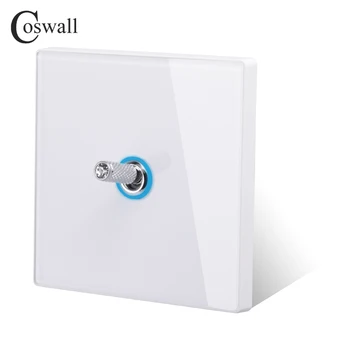 COSWALL לבן פנל זכוכית 1/2/3/4 החבורה 1/2 דרך הפעלה / כיבוי אור הקיר ידית מתג עם קריסטל יהלום כחול טבעת תאורת LED אחורית