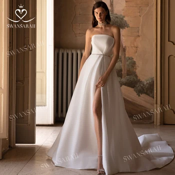סטרפלס לפצל את שמלת החתונה 2023 החוף חרוזים קו רכבת בית משפט הנסיכה Vestido De נוביה SwanSarah 205 ללא משענת שמלת הכלה