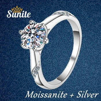 Sunite 0.5 ct-2.0 ct Moissanite יהלום שש צבתות הטבעת לנשים 925 כסף סטרלינג, זהב לבן מצופה החתונה מבטיחה הלהקה Anillo
