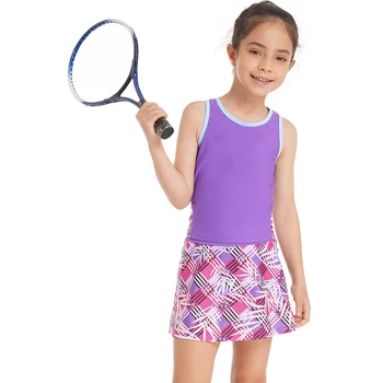 ילדים בנות 2Pcs טניס, גולף השמלה להגדיר Racerback חולצה גופיות עם חצאית מובנית מכנסי טרנינג להגדיר עבור הפעלת כושר, ריקוד