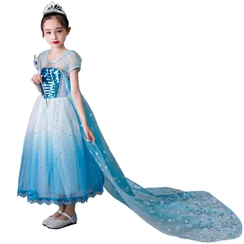 הנסיכה אלזה הילד שמלת ילדה של יהיר חצאית מותן מודפס קייפ נצנצים השמלה בגודל 100-150