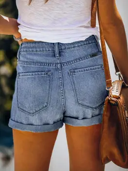 נשים אופנה קרע עם קו מותן גבוה התגלגל דנים בציר חור קיץ מזדמן כיס קצר ג ' ינס בנות Hotpants קצרים 2023
