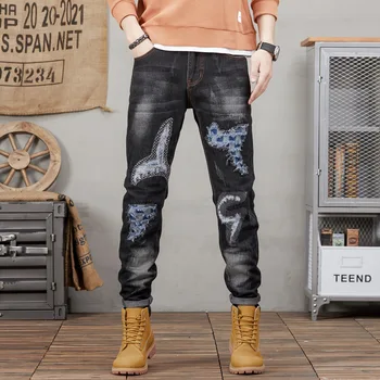 2023 חדש אופנת רחוב, אופנה ג 'ינס לגברים רטרו שחור אלסטי Slim Fit ג' ינס קרועים גברים משולבים מעצב היפ הופ מכנסי ג ' ינס