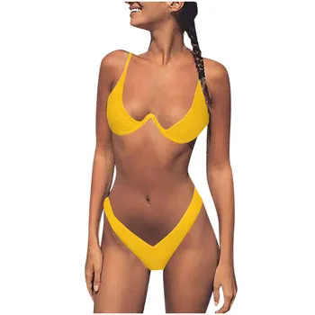 סקסי שני חלקים ביקיני סט נשים מוצק צבע לגזור גבוה לחתוך ברזילאים תחתוני בגד ים נמוך המותניים חלקה Tankini Beachwear