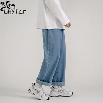 UHYTGF רחב-רגל ג 'ינס של גברים קוריאנים המגמה מזדמן רגל ישרה ג' ינס מכנסיים זכר מוצק צבע ארבע עונות נוער גברים Jeans344