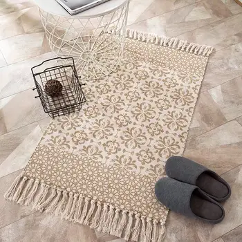 תוספות בסגנון בוהמי כותנה פשתן ארוגים ביד שטיחים גיאומטריים הרצפה מחצלת השינה השטיח בסלון עם ציציות הביתה דקורטיביים