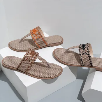 2023 פשתן חוף נעלי נשים שקופיות אופנה חוט רקמה כפכפים נעלי נשים סנדלי נעלי נשים