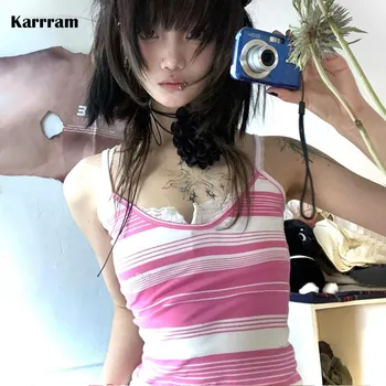 Karrram Y2k אסתטיקה פיג 'יפני Harajuku קאמי העליון-2000 Kawaii גזורה Fairycore ורוד עם פסים גופיה אי-ילדה גראנג'