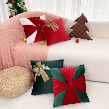 X חג המולד כרית לכסות עם קשת קטיפה רך רקמה כרית כיסוי קישוט הבית קטיפה מבד בסלון ספה הכרית