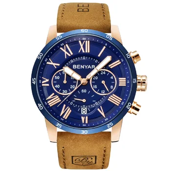 2023 העליון מותג יוקרה BENYAR אופנה כחול שעונים גברים קוורץ שעונים זכר הכרונוגרף עור שעון יד Relogio Masculino